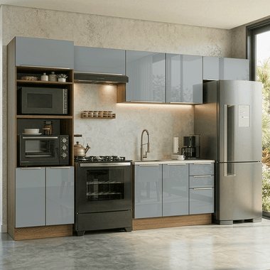Armário de Cozinha Completa 350 x 60 cm Rustic/Cinza Lux Madesa 02