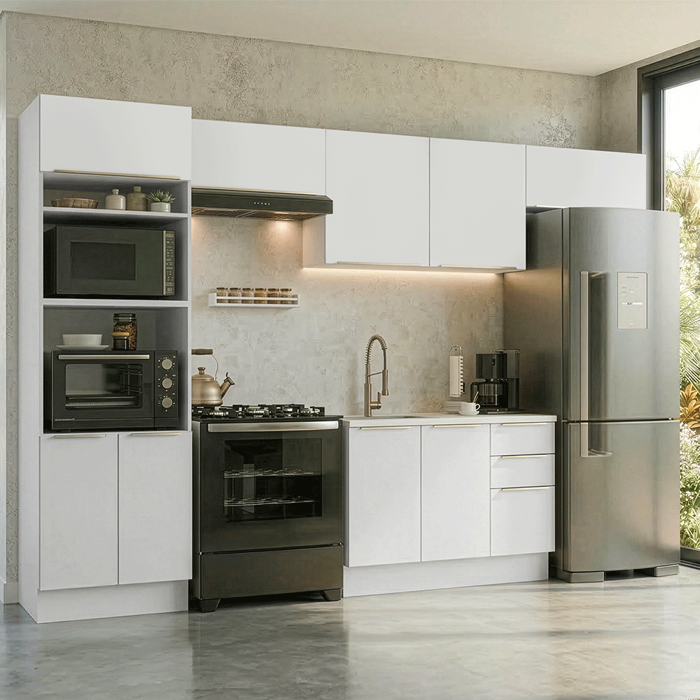 Armário de Cozinha Completa 350 x 60 cm Branco/Branco Veludo Lux Madesa 02