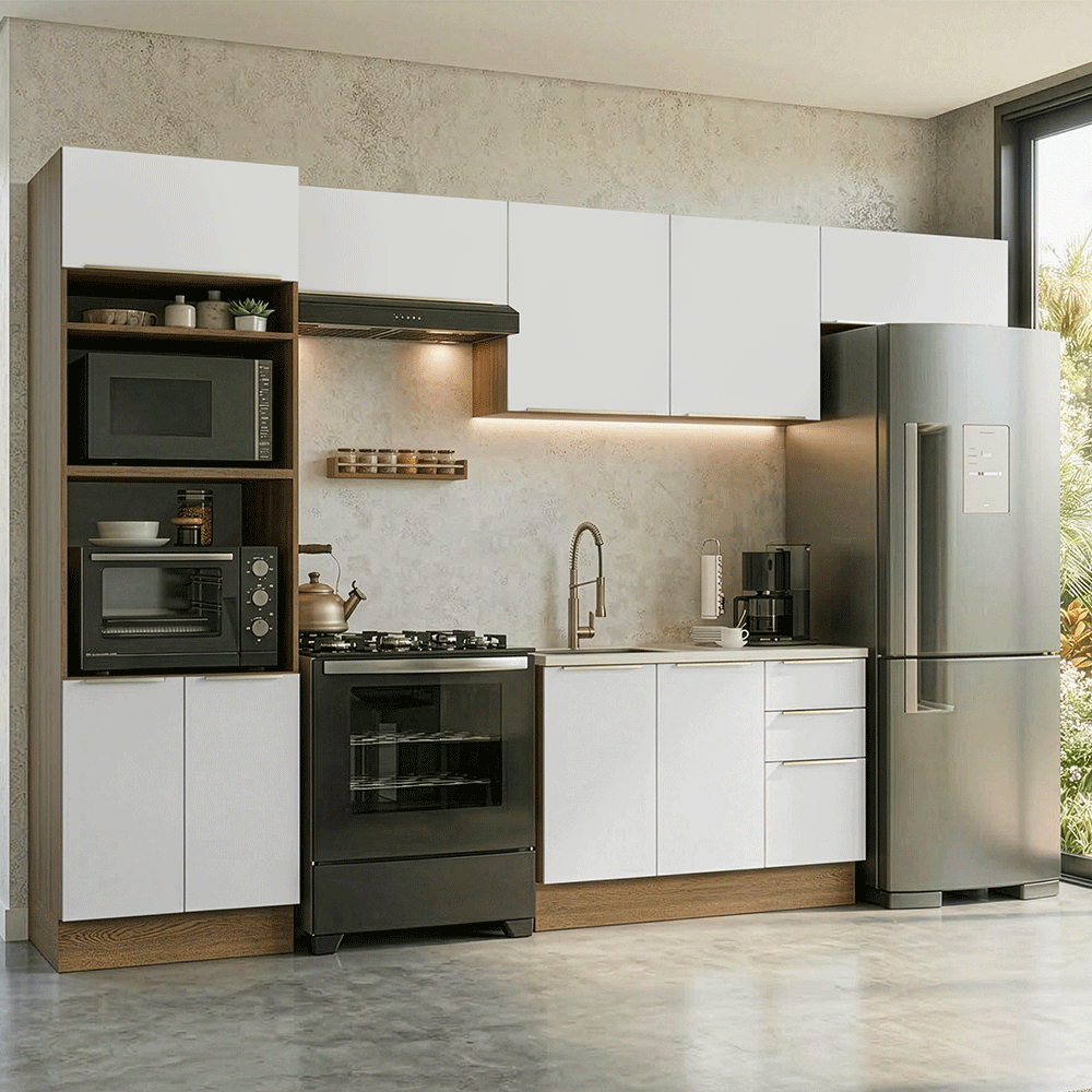 Armário de Cozinha Completa 350 x 60 cm Rustic/Branco Veludo Lux Madesa 02