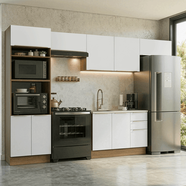 Armário de Cozinha Completa 350 x 60 cm Rustic/Branco Veludo Lux Madesa 02