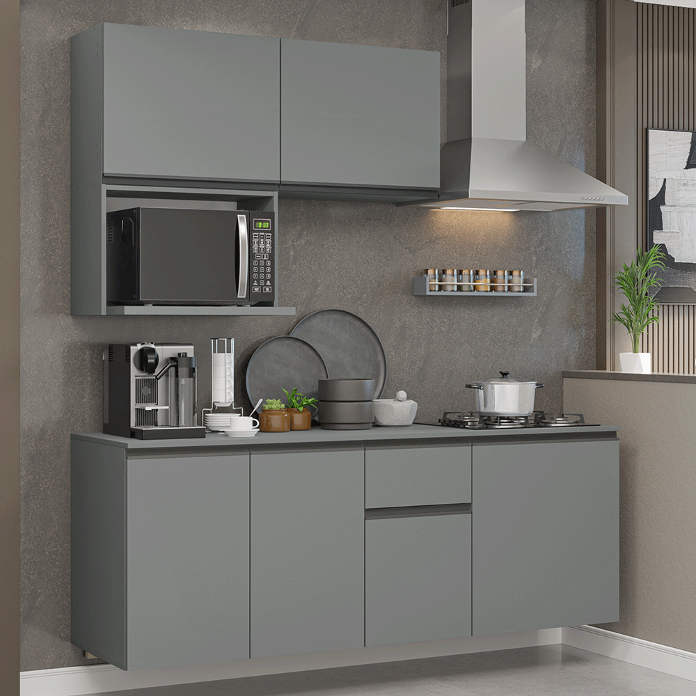 Armário de Cozinha Compacta 180 cm Suspensa Cinza Nice Madesa 03
