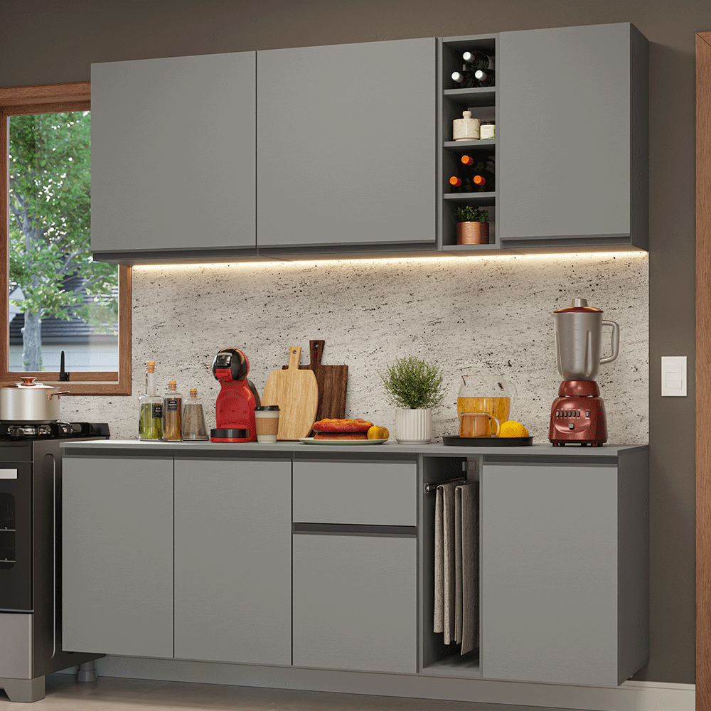 Armário de Cozinha Compacta 180 cm Suspenso Cinza Nice Madesa 04