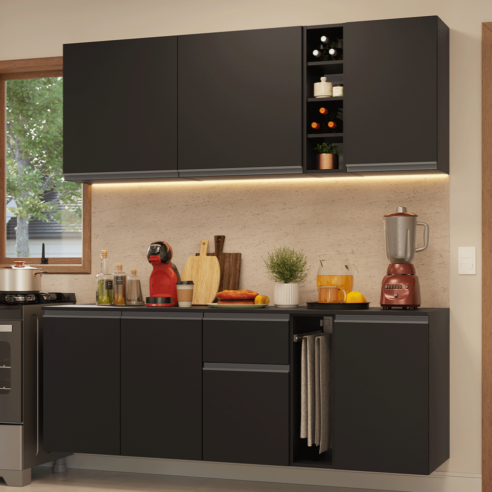 Armário de Cozinha Compacta 180 cm Suspenso Preto Nice Madesa 04