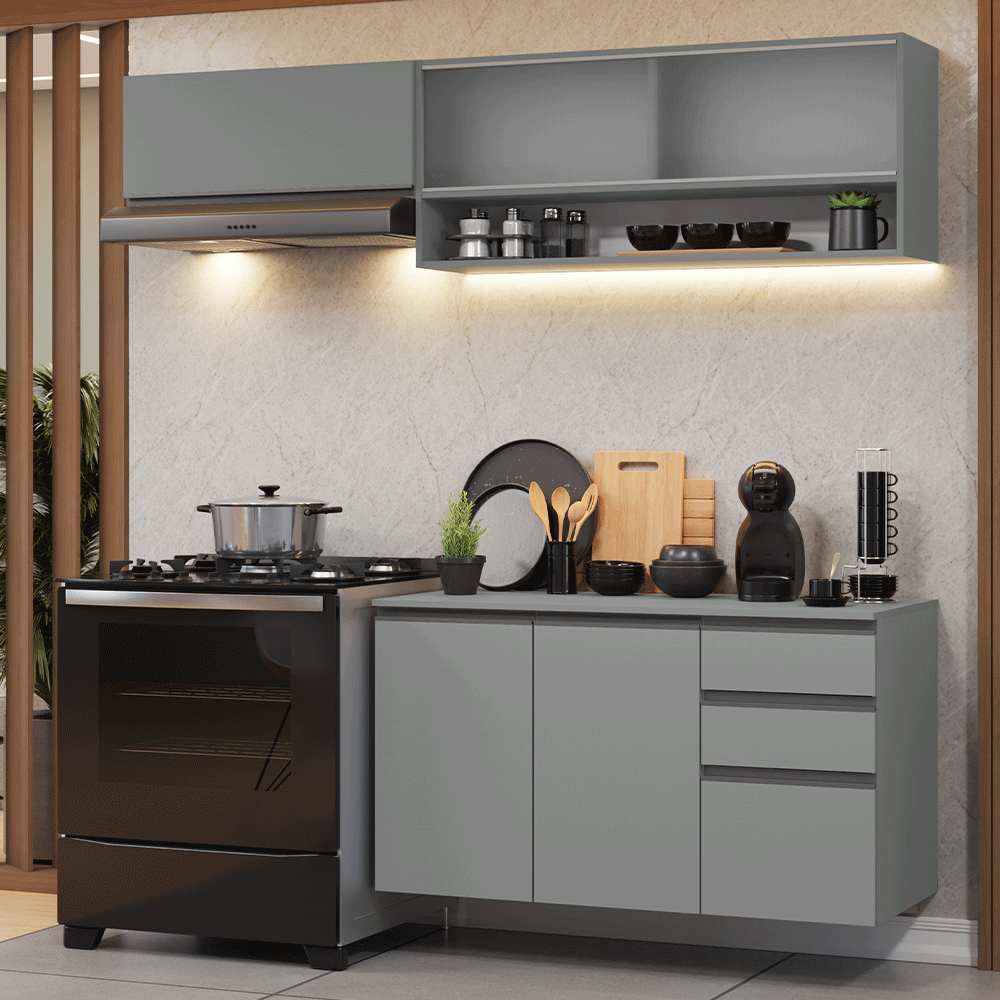 Armário de Cozinha Compacta Suspenso 200cm Cinza Nice Madesa 11