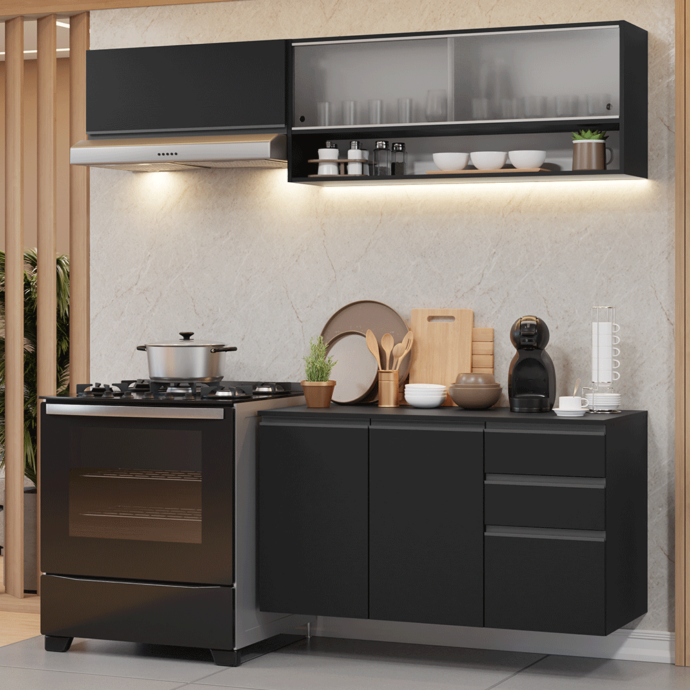 Armário de Cozinha Compacta 200 cm Suspenso Preto Nice Madesa 11
