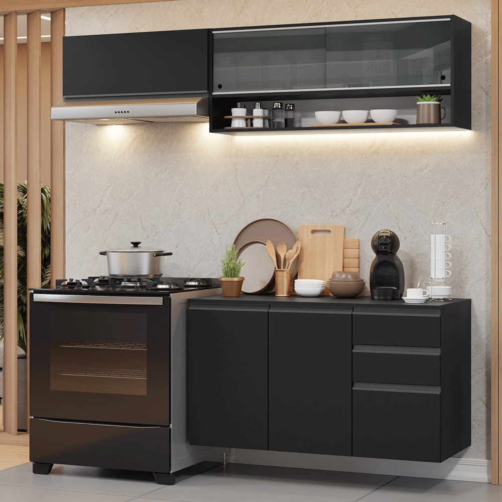 Armário de Cozinha Compacta 200 cm Suspenso Preto Nice Madesa 12