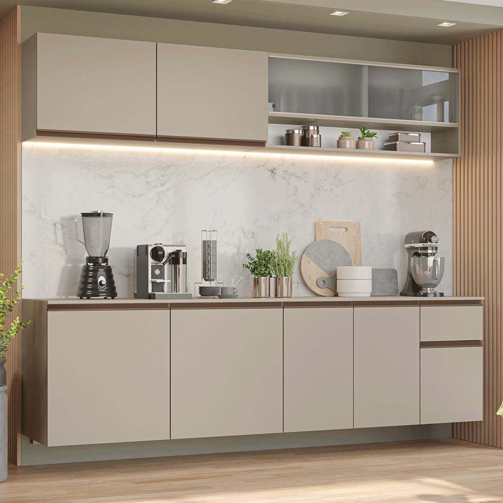 Armário de Cozinha Completa 240 cm Suspenso Crema Nice Madesa 04