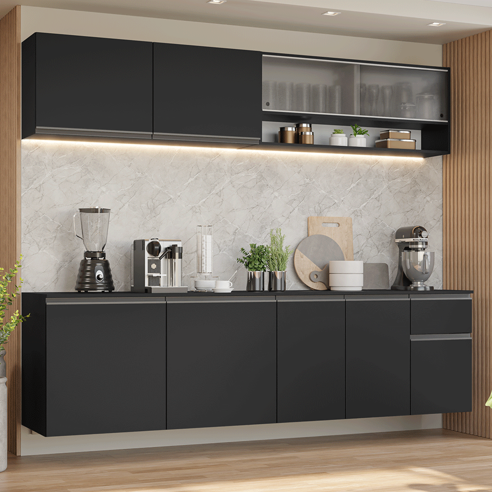 Armário de Cozinha Completa 260 cm Suspenso Preto Nice Madesa 04