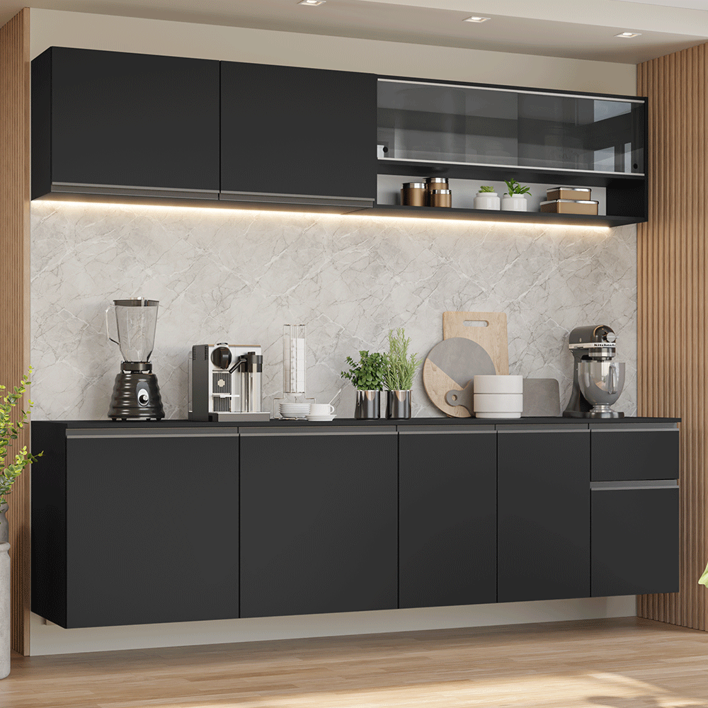 Armário de Cozinha Completa 260 cm Suspenso Preto Nice Madesa 05