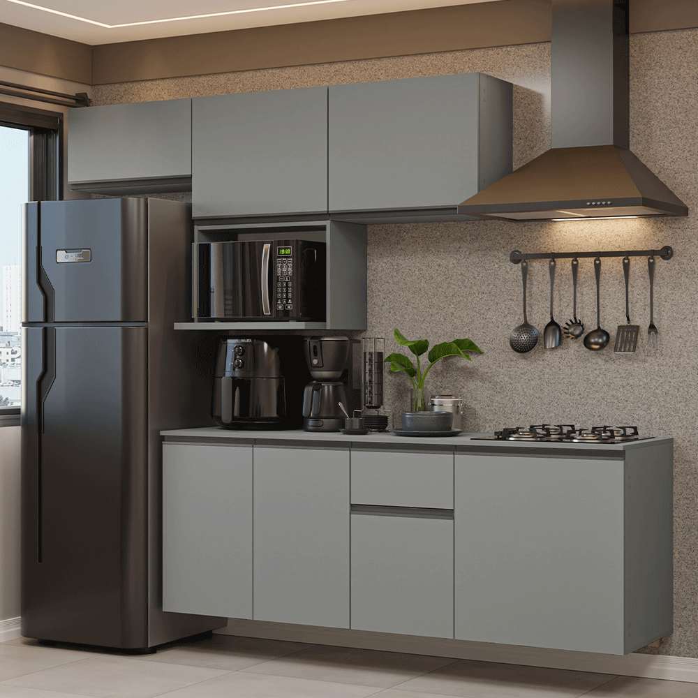 Armário de Cozinha Completa 240 cm Suspensa Cinza Nice Madesa 07