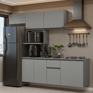 Armário de Cozinha Completa 240 cm Suspensa Cinza Nice Madesa 07