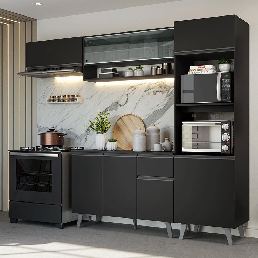 Armário de Cozinha Completa 260 cm Preto Nice Madesa 03
