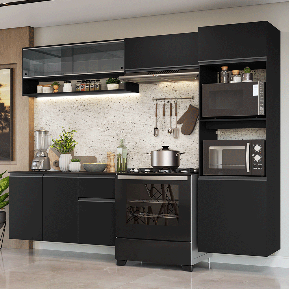 Armário de Cozinha Completa 260 cm Suspenso Preto Nice Madesa 10