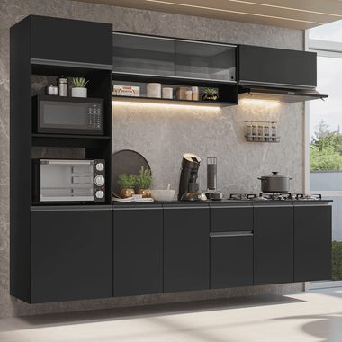 Armário de Cozinha Completa 260 cm Suspenso Preto Nice Madesa 014