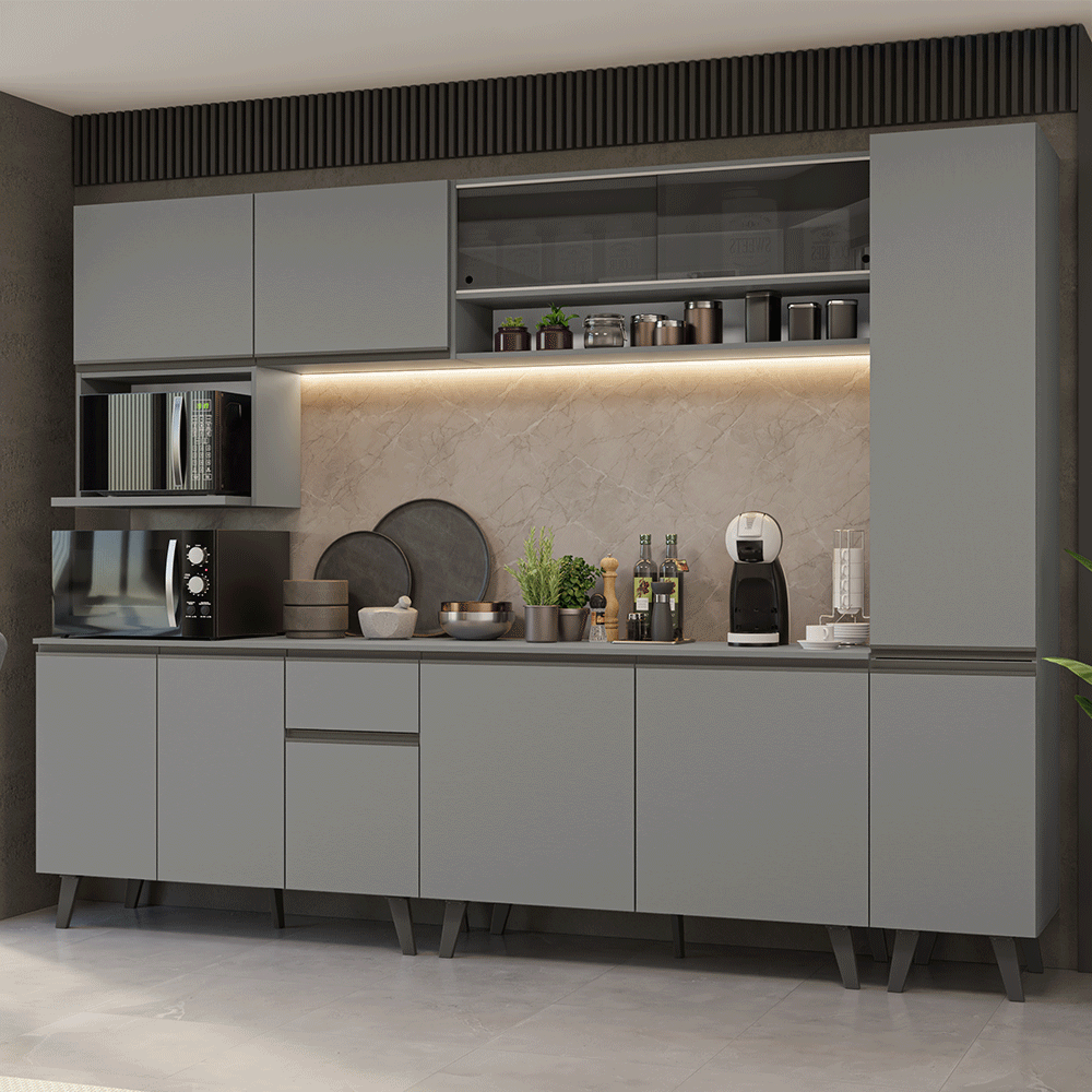 Armário de Cozinha Completa 280 cm Cinza Nice Madesa 03