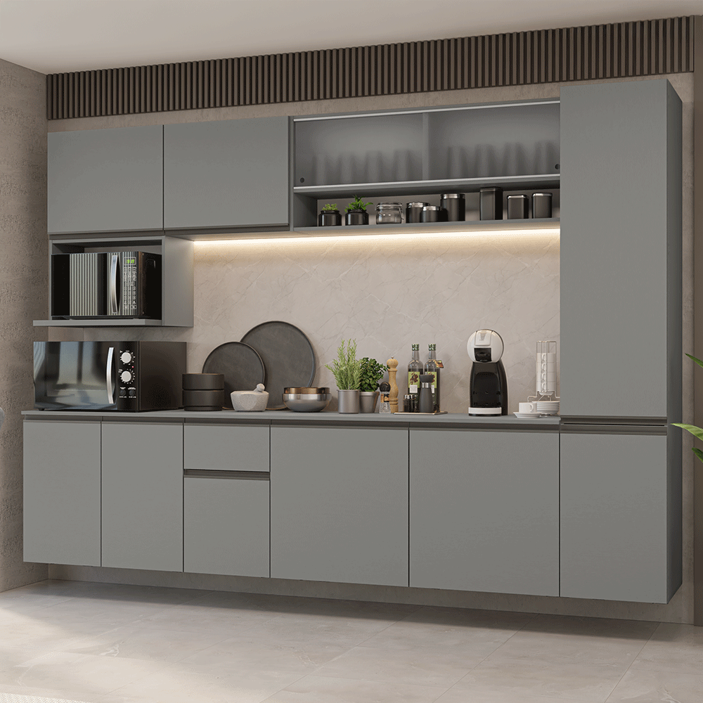 Armário de Cozinha Completa 280 cm Suspensa Cinza Nice Madesa 04