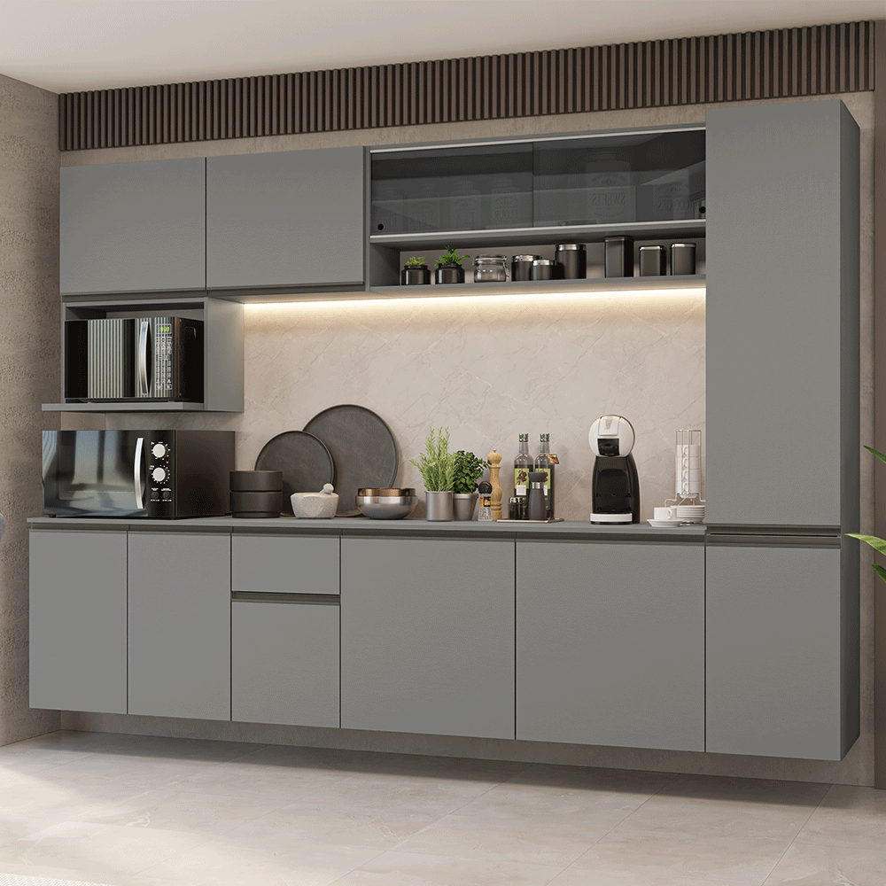 Armário de Cozinha Completa 280 cm Suspensa Cinza Nice Madesa 05