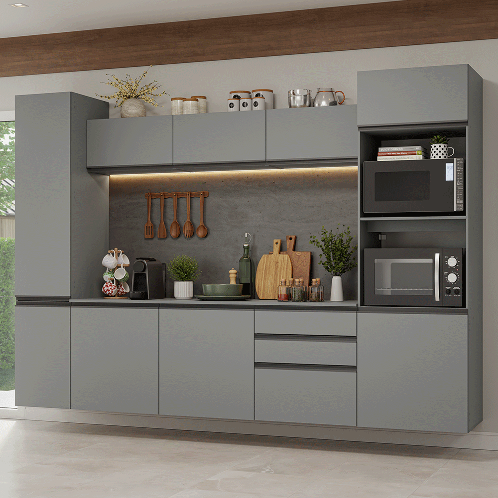 Armário de Cozinha Completa 280cm Suspensa Cinza Nice Madesa 06