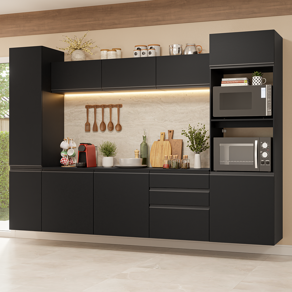 Armário de Cozinha Completa 280 cm Suspenso Preto Nice Madesa 06