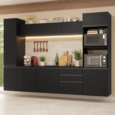 Armário de Cozinha Completa 280 cm Suspenso Preto Nice Madesa 06