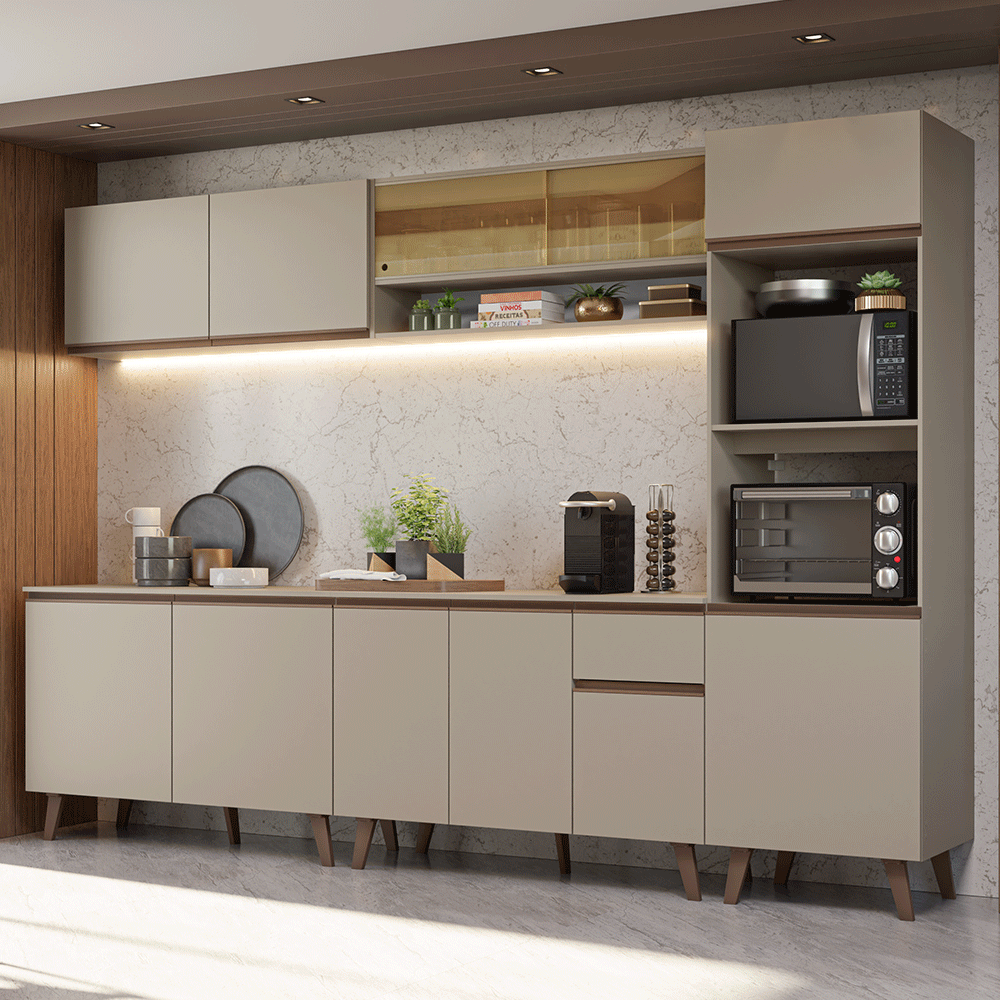 Armário de Cozinha Completa 300 cm Crema Nice Madesa 01