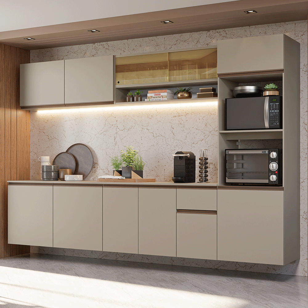 Armário de Cozinha Completa 300 cm Suspenso Crema Nice Madesa 03