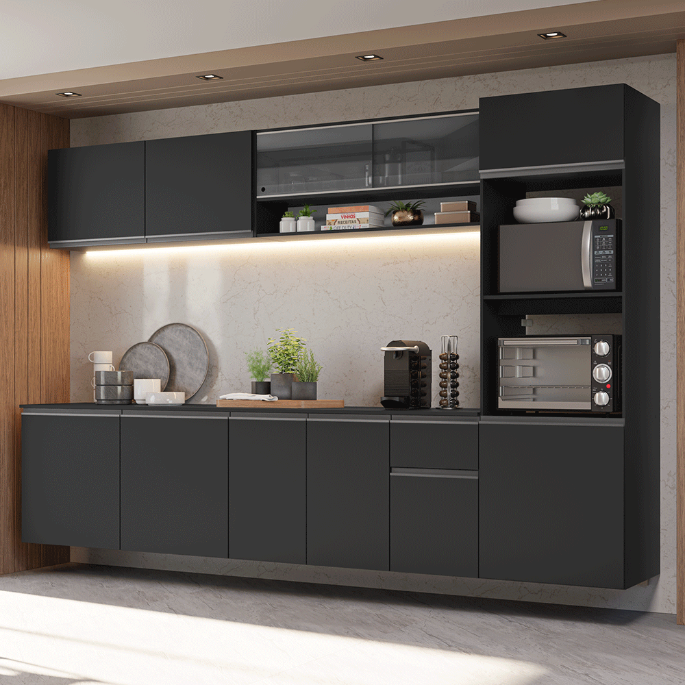 Armário de Cozinha Completa 300 cm Suspenso Preto Nice Madesa 03