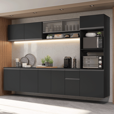 Armário de Cozinha Completa 300 cm Suspenso Preto Nice Madesa 04
