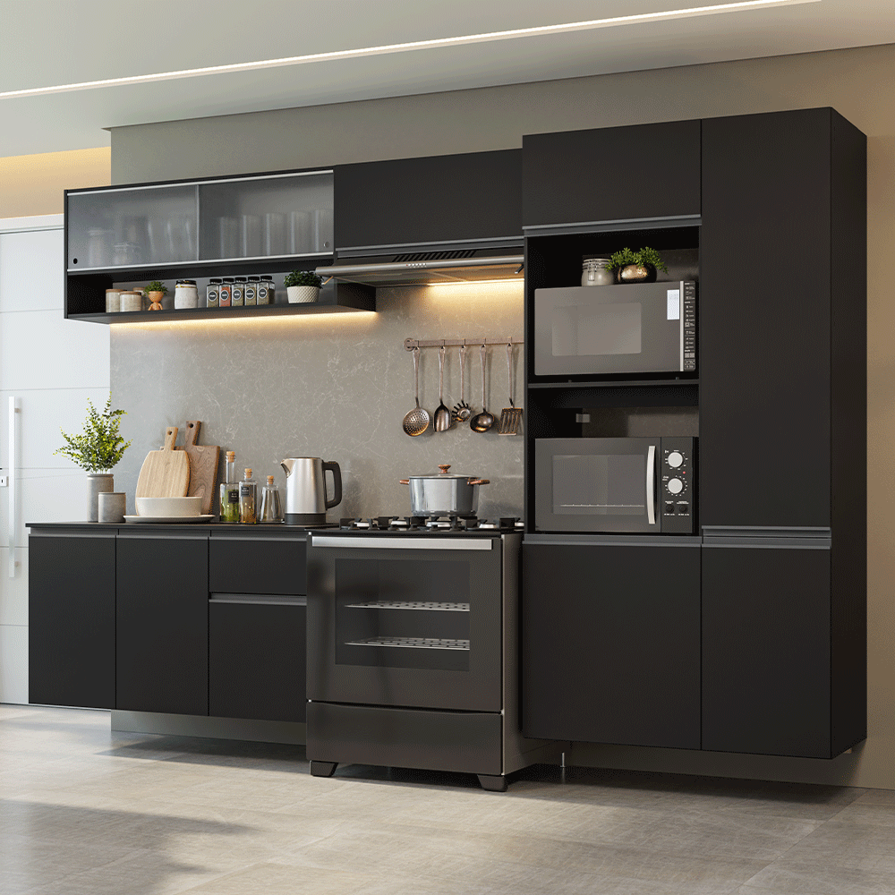 Armário de Cozinha Completa 300 cm Suspenso Preto Nice Madesa 06