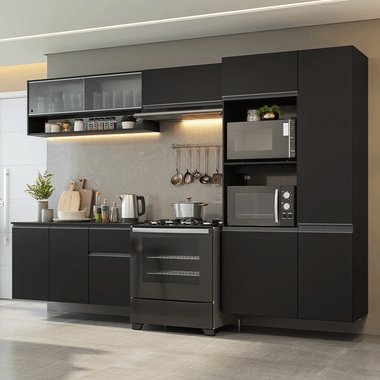 Armário de Cozinha Completa 300 cm Suspenso Preto Nice Madesa 06