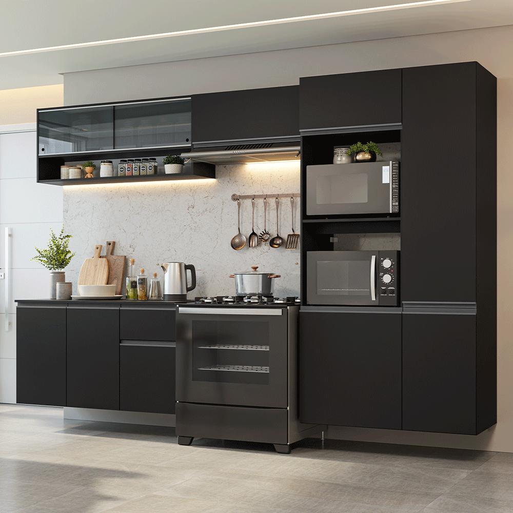 Armário de Cozinha Completa 300 cm Suspenso Preto Nice Madesa 07