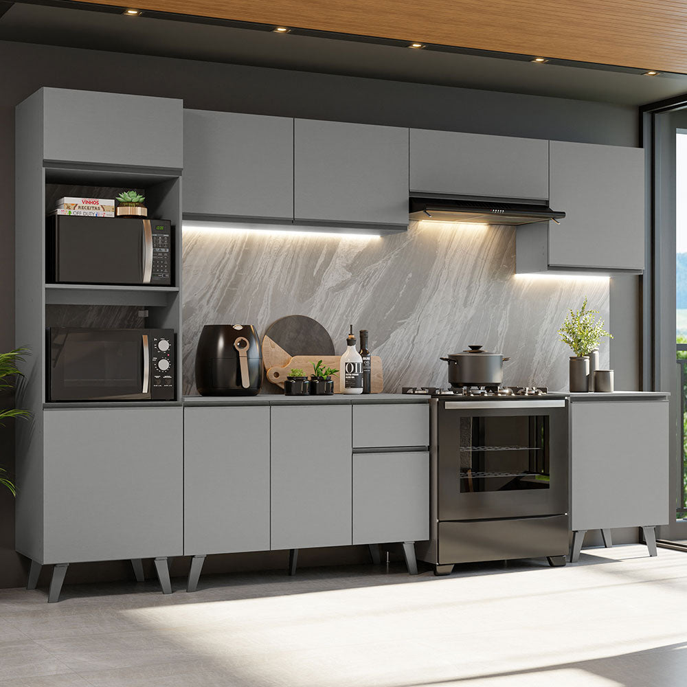 Armário de Cozinha Completa 320cm Cinza Nice Madesa 01