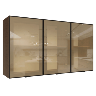 Kit 2 Armários Aéreos de Cozinha 3 Portas 120 cm Rustic/Preto Vidro Reflecta Bronze Vinil Madesa