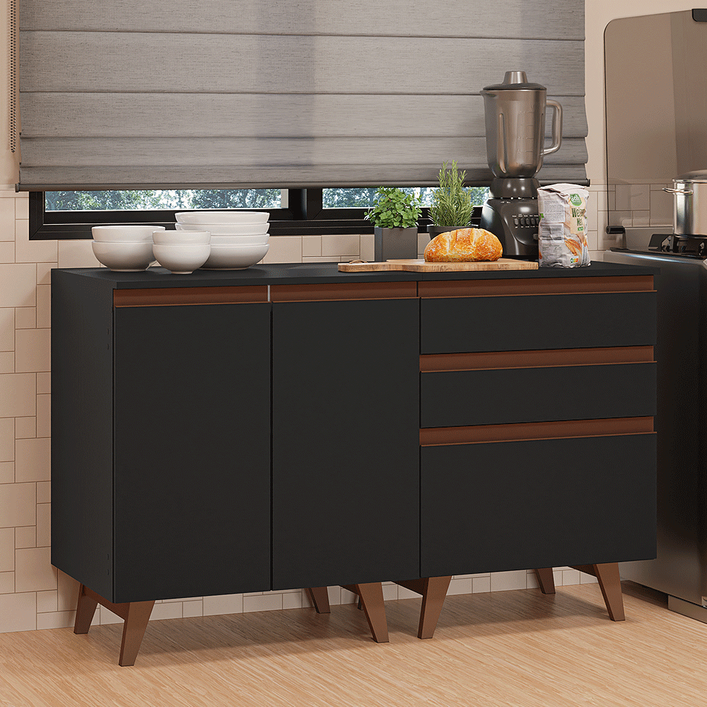 Kit com Dois Balcões de Cozinha 2 Portas 3 Gavetas (com tampo) Preto Reims Madesa