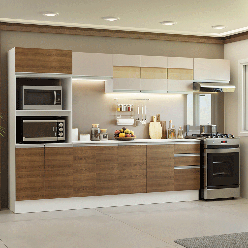Armário de Cozinha Completa 100% MDF 310 cm Branco/Rustic/Crema Smart 02