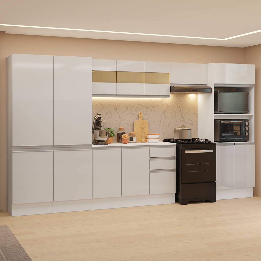 Armário de Cozinha Completa 100% MDF 350cm Smart Branco Brilhante Madesa 01