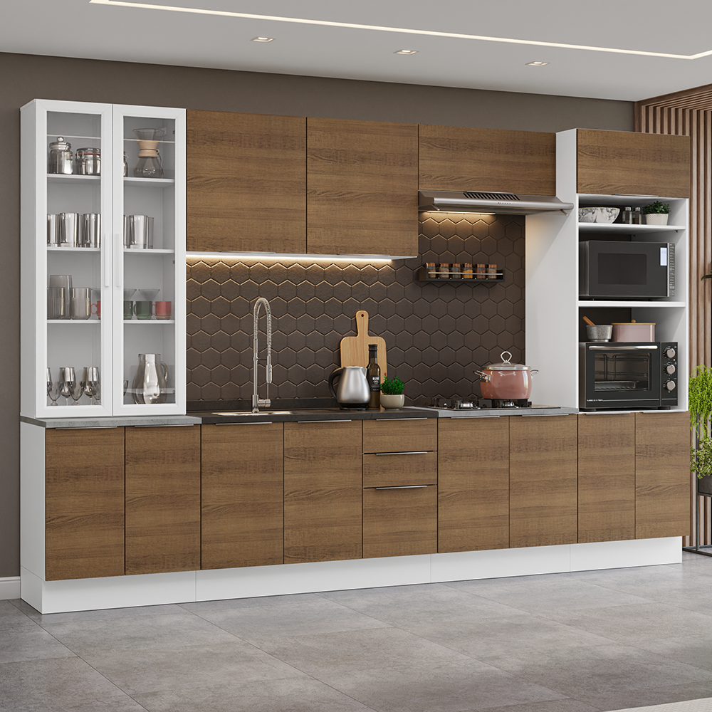 Armário de Cozinha Completa 340cm Branco/Rustic Stella Madesa 01
