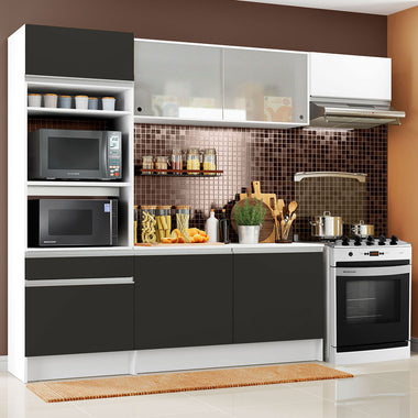 Armário de Cozinha Completa 240cm Branco/Preto/Branco Topazio Madesa 01