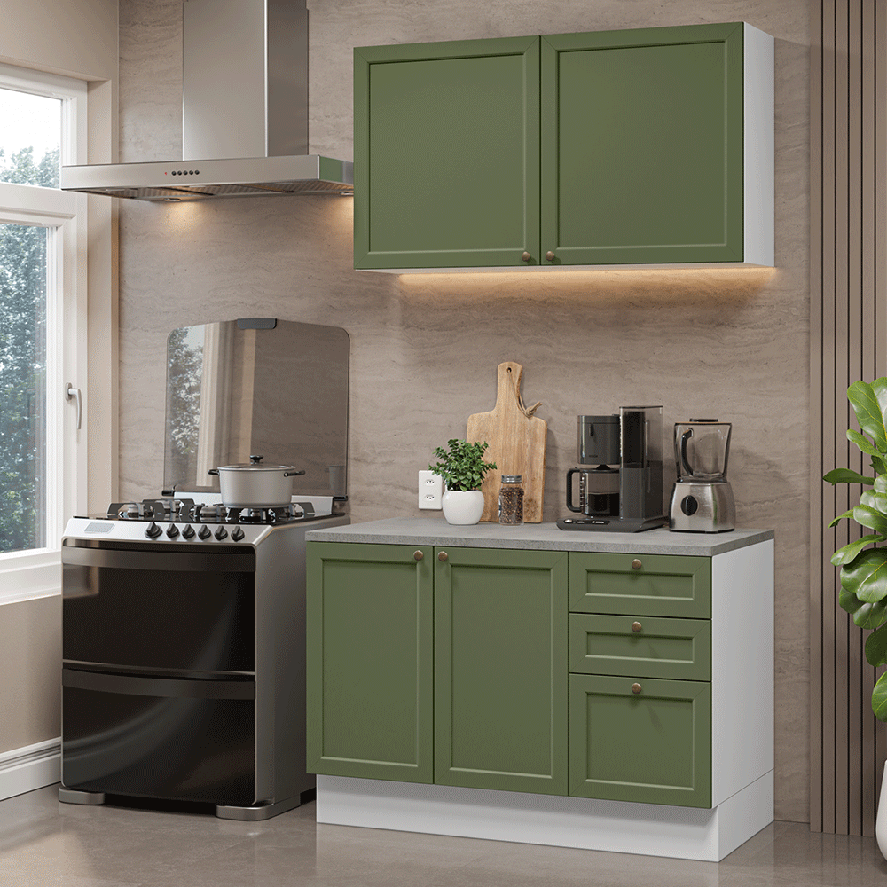 Armário de Cozinha Compacta 120 cm Branco/Verde Vik Madesa 01