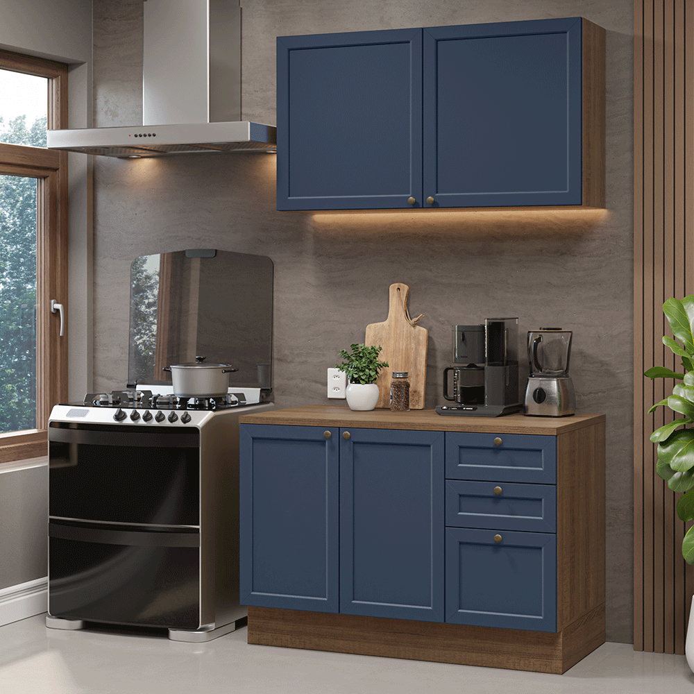 Armário de Cozinha Compacta 120 cm Rustic/Azul Vik Madesa 01