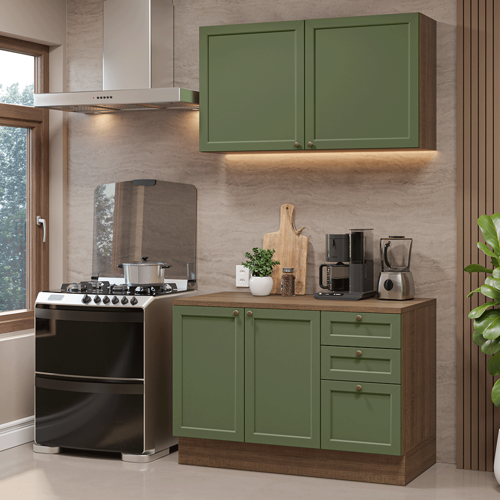 Armário de Cozinha Compacta 120 cm Rustic/Verde Vik Madesa 01