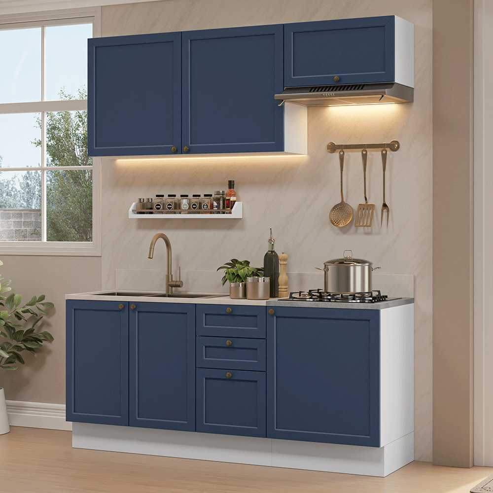 Armário de Cozinha Compacta 180 cm Branco/Azul Vik Madesa 01