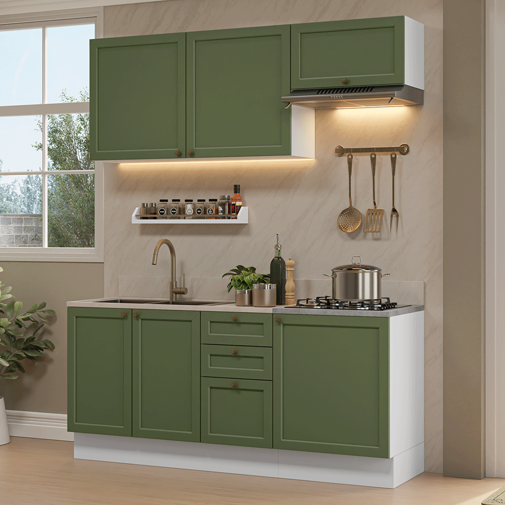 Armário de Cozinha Compacta 180 cm Branco/Verde Vik Madesa 01