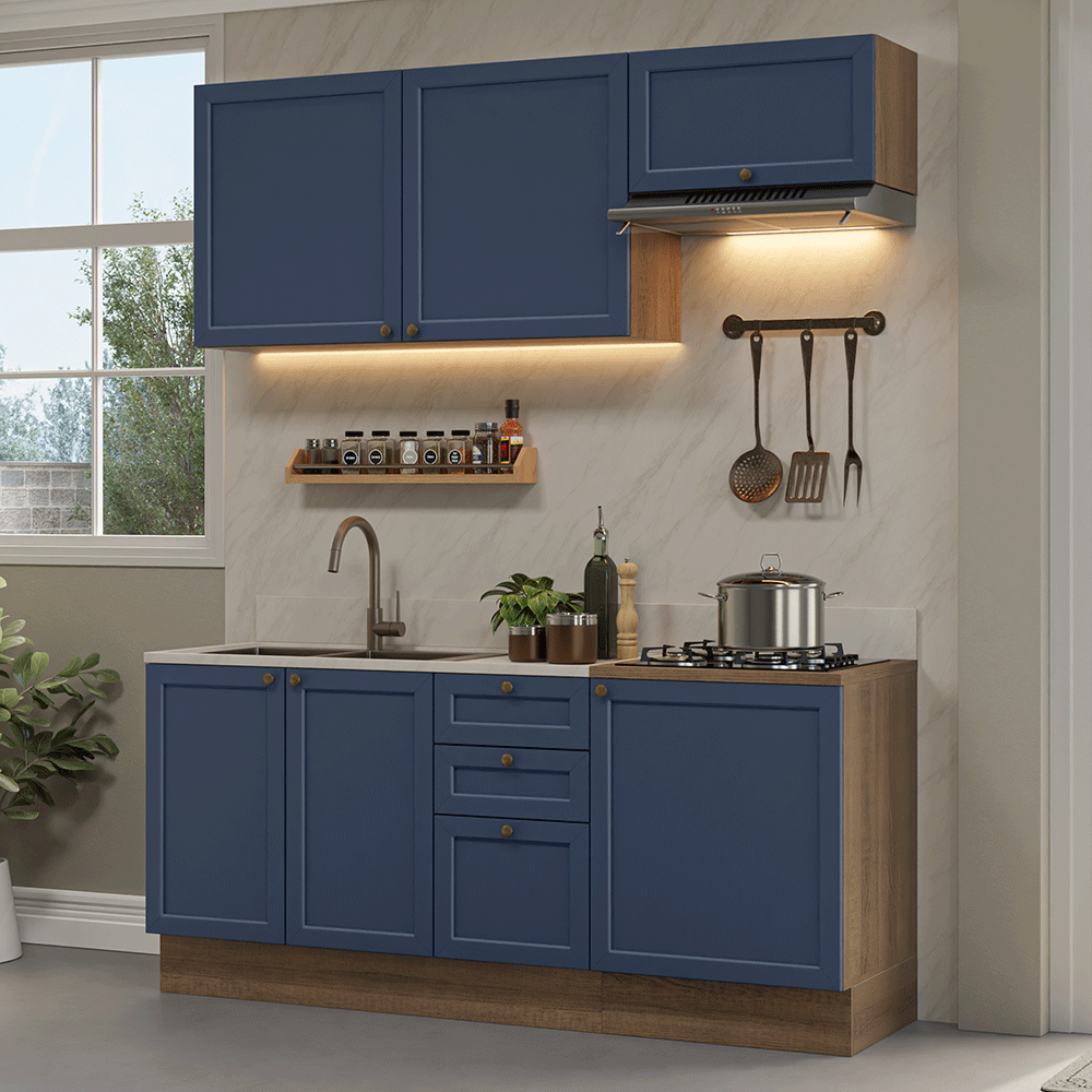 Armário de Cozinha Compacta 180 cm Rustic/Azul Vik Madesa 01