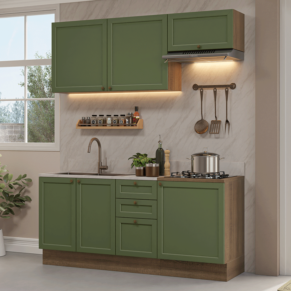 Armário de Cozinha Compacta 180 cm Rustic/Verde Vik Madesa 01
