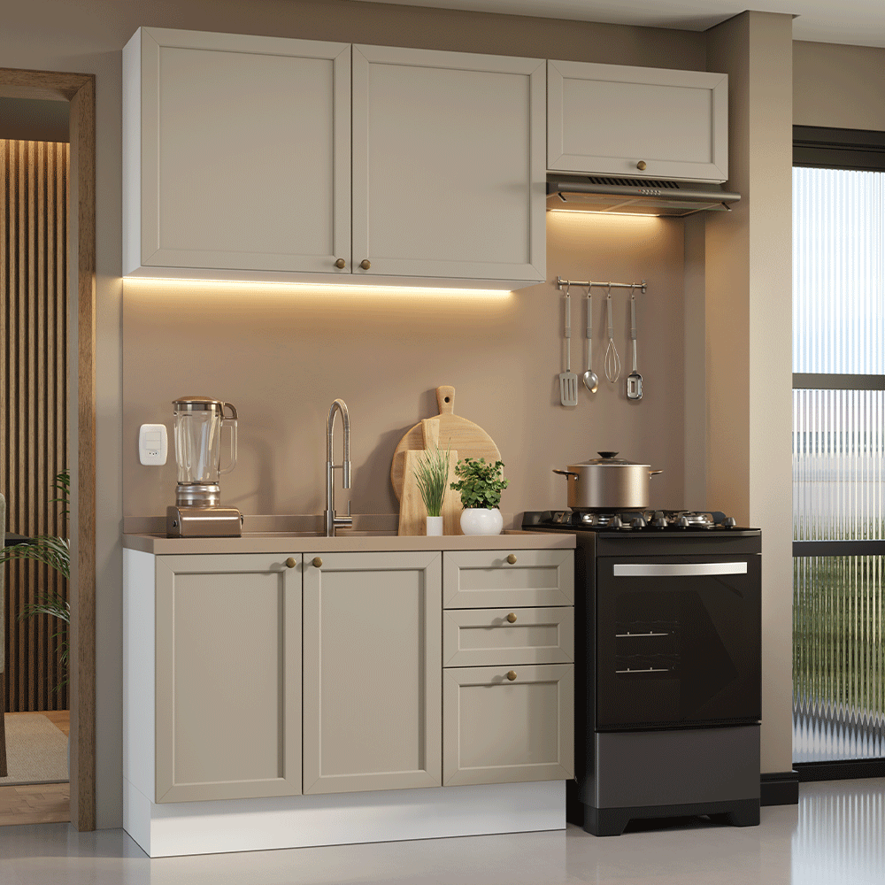 Armário de Cozinha Compacta 180 cm Branco/Crema Vik Madesa 02