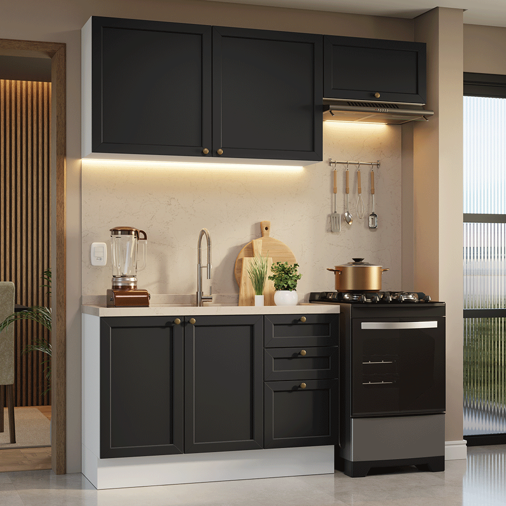 Armário de Cozinha Compacta 180 cm Branco/Preto Vik Madesa 02