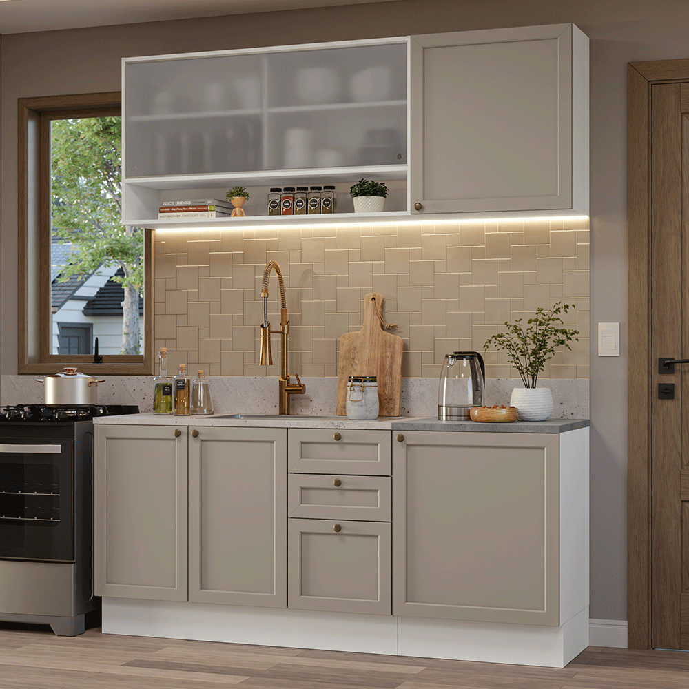 Armário de Cozinha Compacta 180 cm Branco/Crema Vik Madesa 03