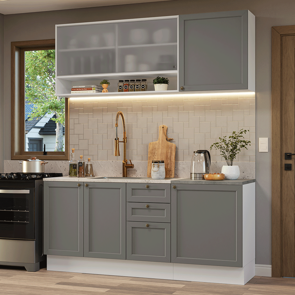 Armário de Cozinha Compacta 180 cm Branco/Cinza Vik Madesa 03
