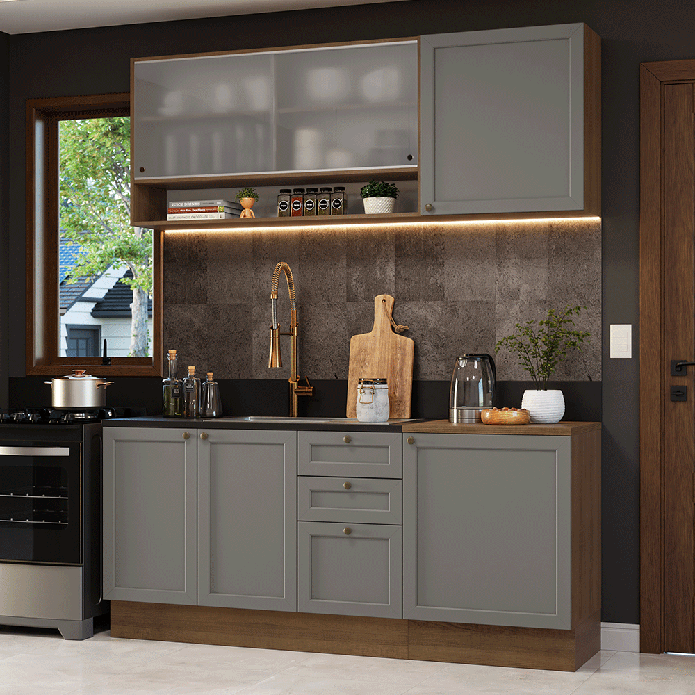 Armário de Cozinha Compacta 180 cm Rustic/Cinza Vik Madesa 03